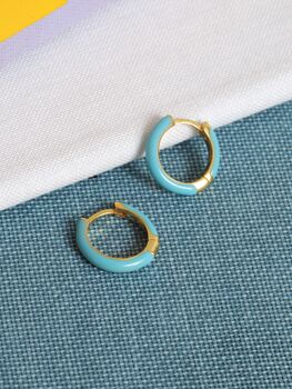 18 K Gold Vermeil Turquoise Enamel Huggie Hoop Earrings, 3 of 11