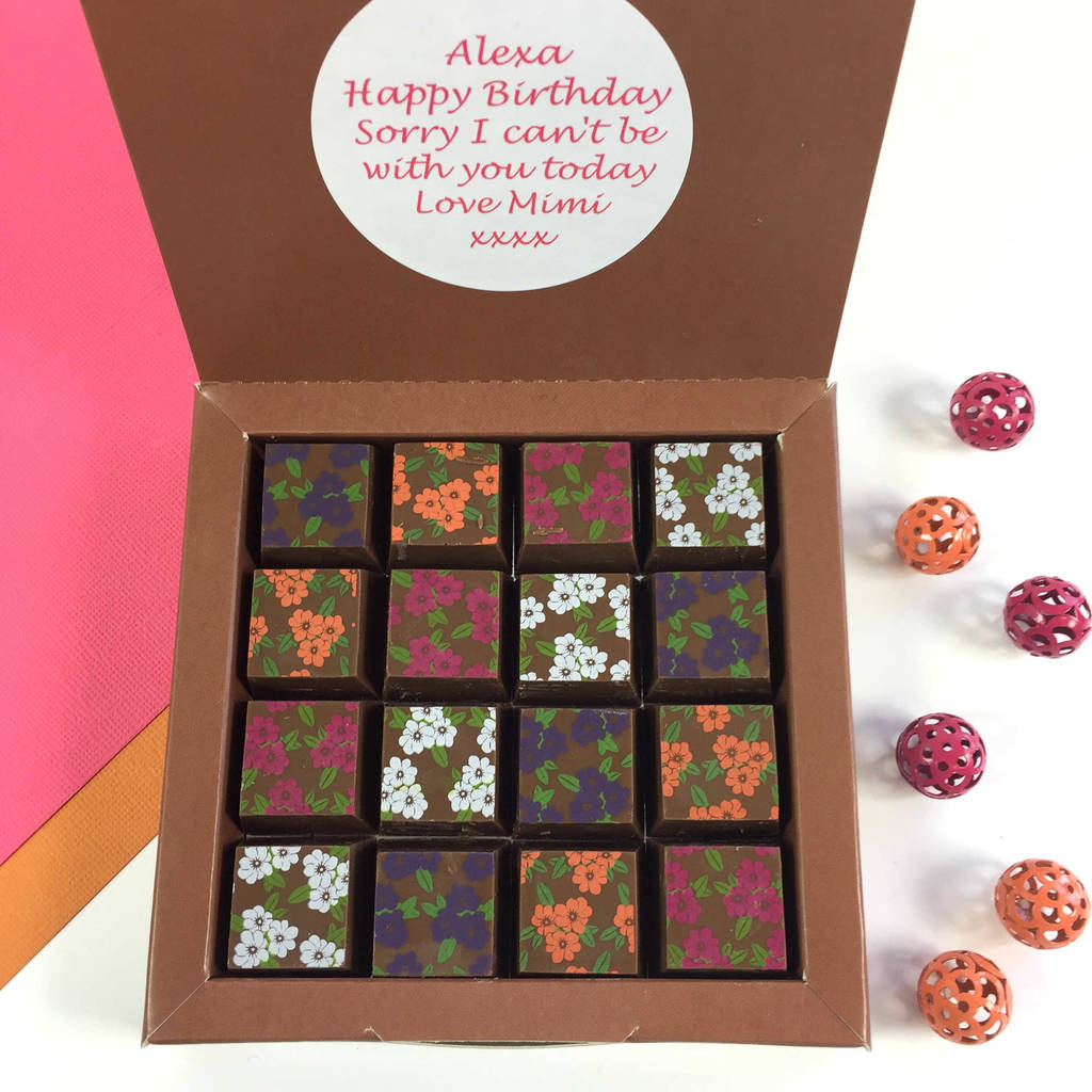 chocolate flower box with personalised message by cocoapod chocolates