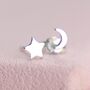 Gold Moon And Star Tiny Mismatched Stud Earrings, thumbnail 3 of 8