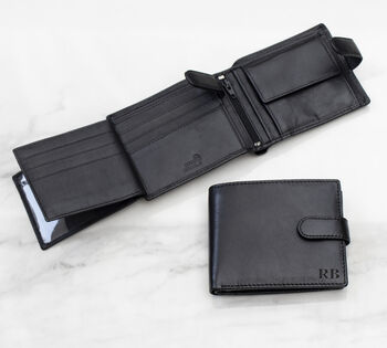 Men's Personalised Black Leather Wallet Trifold Rfid, 2 of 11