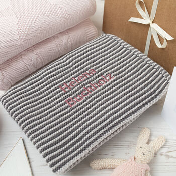 Mini Stripe Charcoal Unisex Knitted Baby Blanket, 2 of 12