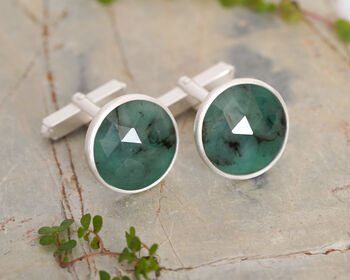 9ct Natural Emerald Cufflinks In Sterling Silver, 2 of 3