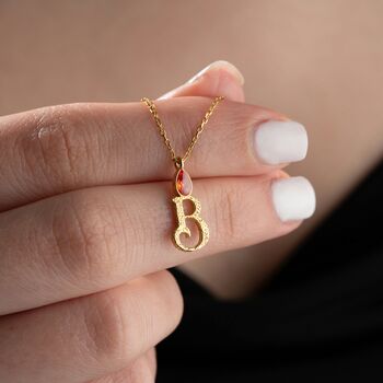 Hammered Initial Necklace With Drop Birthstone, 3 of 7