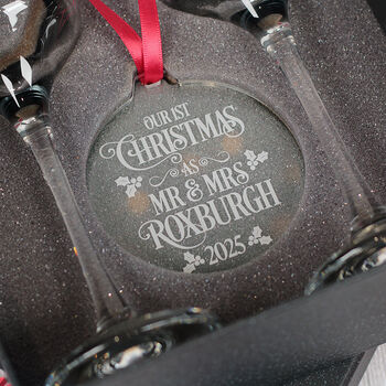 1st Christmas Married Pair Of Champagne Flutes And Christmas Decoration, 3 of 5
