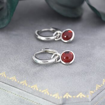 Sterling Silver Dangling Red Garnet Hoop Earrings, 7 of 11