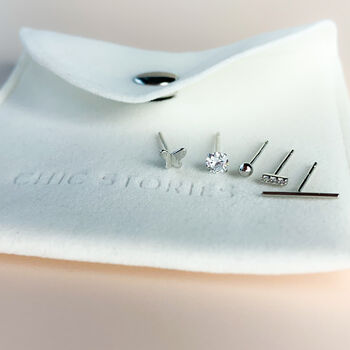 Set Of Five Sterling Silver Stud Earrings With Crystal Details, 6 of 7