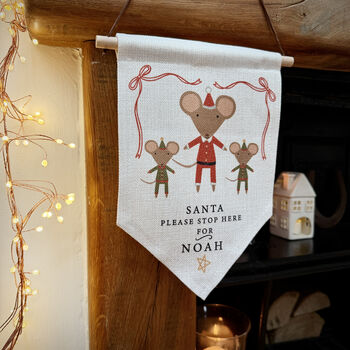 Personalised Santa Stop Here Mouse Santa And Elves Wall Hanging, 2 of 3