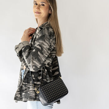 Black Studded Leather Crossbody Bag – Edgy Box Handbag, Personalised Gift For Her, Gold Or Silver Studs, 3 of 12