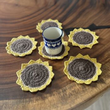 Six Crochet Coasters, Blue White, Citrus, Sunflower, 7 of 12