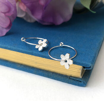 Thank You Teacher Sterling Silver Mini Textured Flower Hoop Earrings, 2 of 12