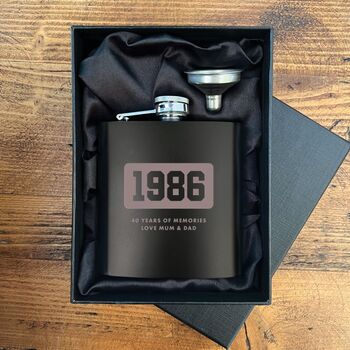 Personalised Engraved Black Metal Hip Flask 6oz For Milestone Birthday / Anniversary, 8 of 11