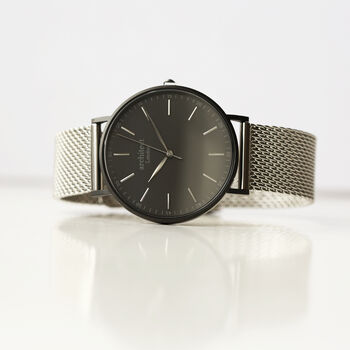 Men's Minimalist Watch With Silver Mesh Strap, 3 of 5