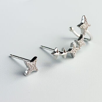 Sterling Silver Star Stud Earrings With Cuff, 5 of 8