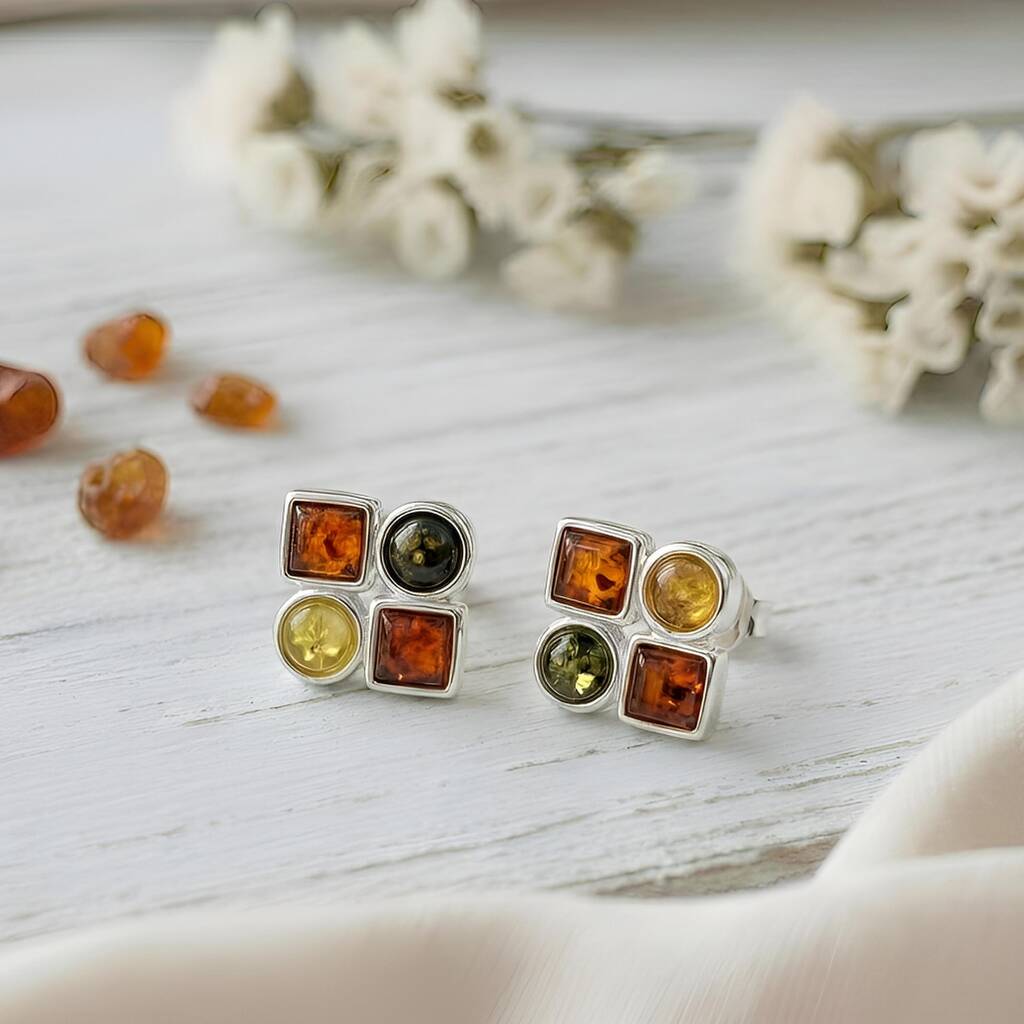Geometric, Square Sterling Silver And Amber Stud Earrings, 1 of 3
