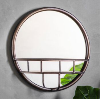Compact Bronzed Circular Mirror With Shelf, 2 of 5