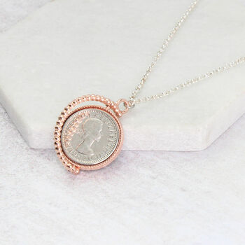 70th Birthday 1954 Lucky Sixpence Spinner Necklace, 5 of 10