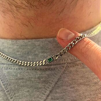Mens Silver Emerald Green Chain Necklace Stainless Steel, 4 of 12