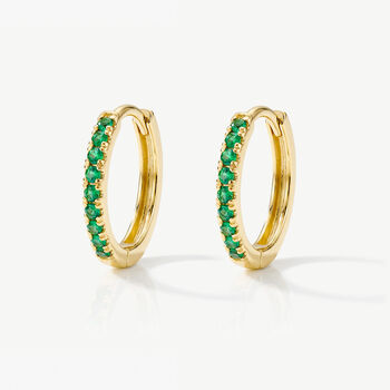 Women's Small Hoop Earrings With Emerald Green Stones In 18k Gold, 2 of 4