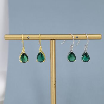 Sterling Silver Emerald Green Pear Cut Cz Drop Earrings, 3 of 10