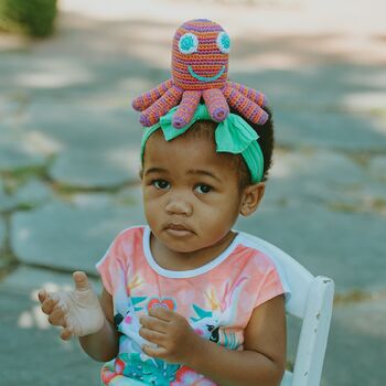 Crochet Baby Soft Toy Octopus Hot Pink Rattle, 10 of 11