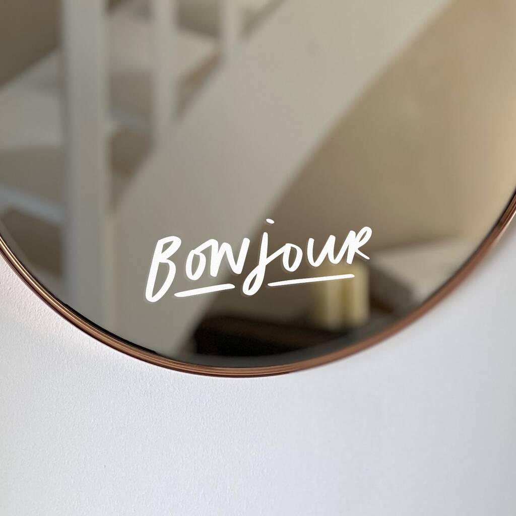 ‘Bonjour’ Hand Lettered Mirror Decal, 1 of 2