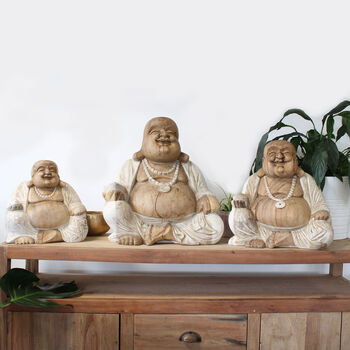 Happy Hand Carved Wood Buddha Statue, 3 of 4