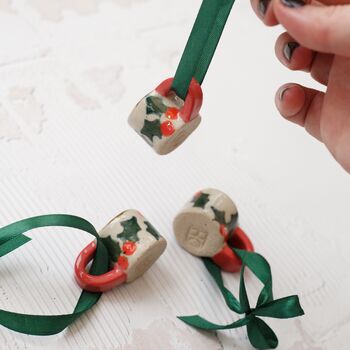 Hand Painted Mini Ceramic Mug Christmas Ornament With Christmas Berries, 4 of 6