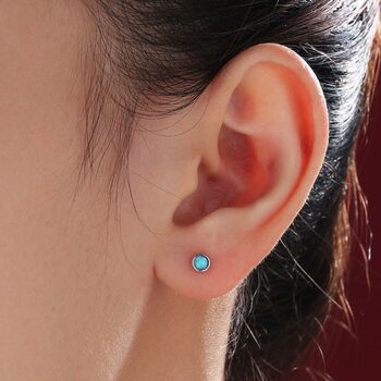 Tiny Blue Opal Screw Back Earrings In Sterling Silver, 3 of 10