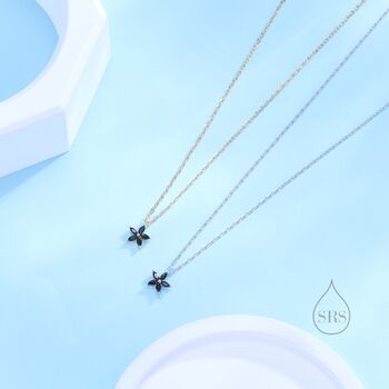 Tiny Black Cz Flower Necklace In Sterling Silver, 8 of 12