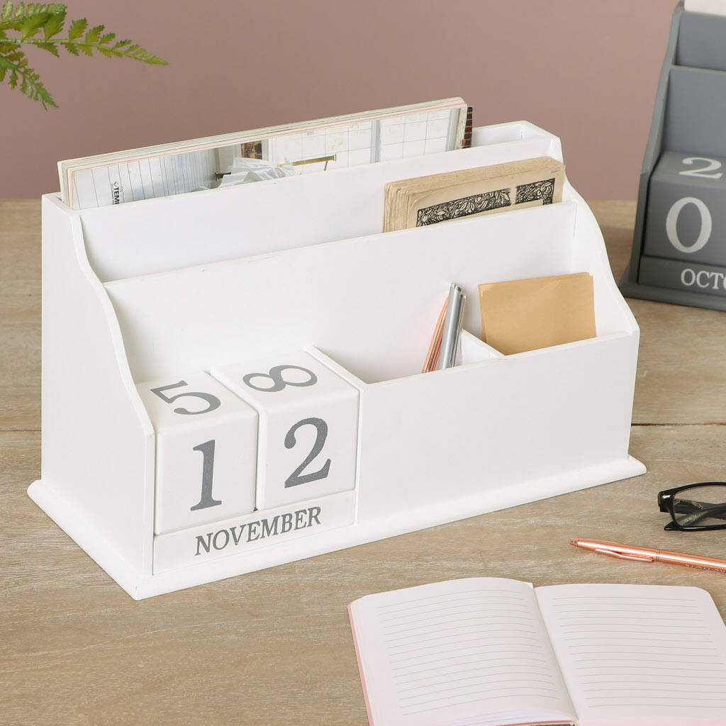 personalised white desk tidy organiser and calendar by dibor