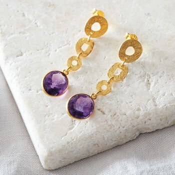 Amethyst Textured Gold Plated Silver Circle Earrings, 2 of 9
