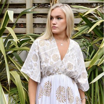 'Heather' White And Gold Indian Print Batwing Crepe Dress, 7 of 9