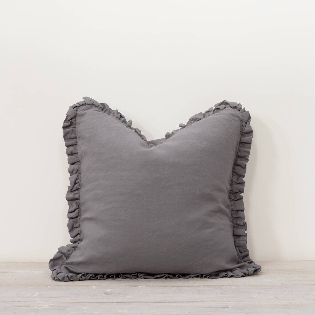 Oli Ruffle Linen Cushion Pewter Grey, 1 of 6