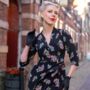 Mabel Long Sleeve Dress In Navy Floral 1940s Style, thumbnail 3 of 3