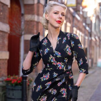 Mabel Long Sleeve Dress In Navy Floral 1940s Style, 3 of 3