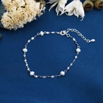 Pearl Beaded Bracelet With Sparkly Disk Chain In Sterling Silver, 6 of 11
