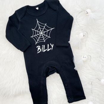 Personalised Spider Web First Halloween Babygrow, 2 of 3