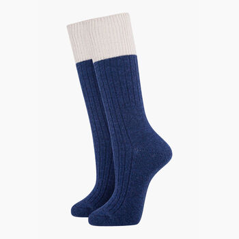 Wool Blend Boot Socks Mid Calf Colour Block Blue Cream, 2 of 4