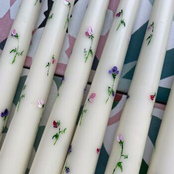 Ivory Hand Painted Pair Of Sweet Pea Taper Candles, 3 of 4