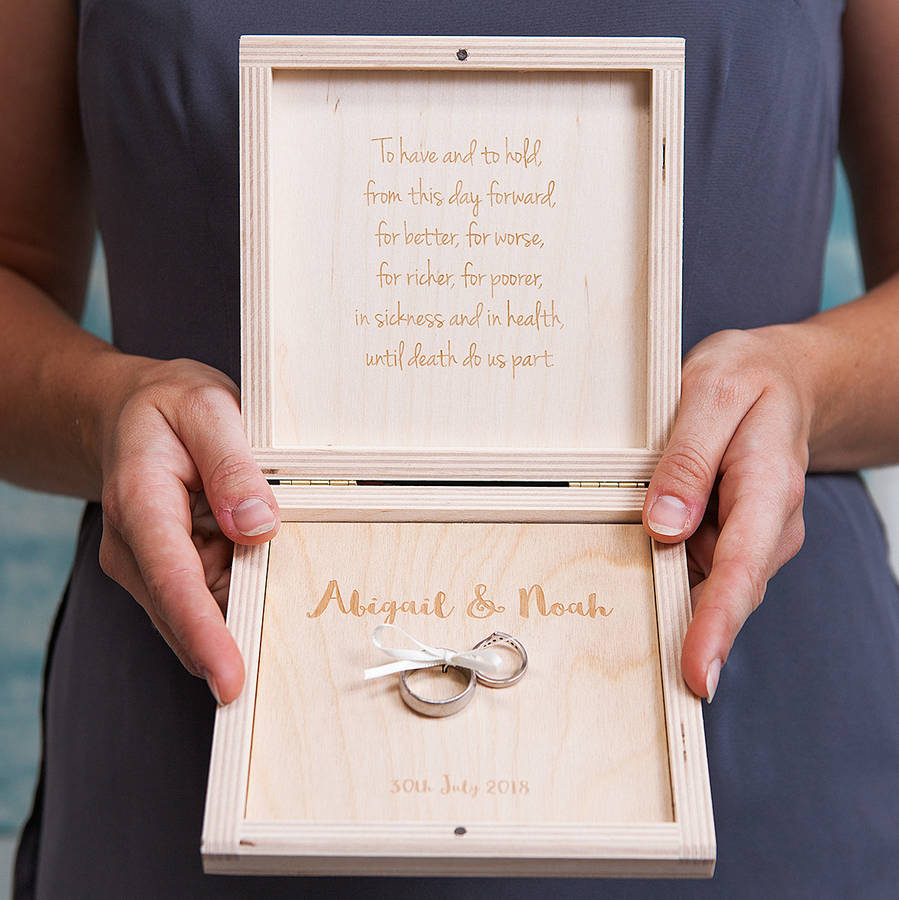 personalised modern calligraphy wedding  ring  box  by clouds 