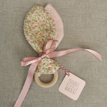 Fabric Bunny Ear Teething Ring, Pink Floral Baby Gift, 11 of 12