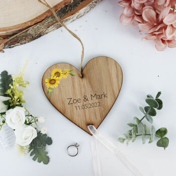Sunflower Wedding Ring Bearer Wooden Heart, 6 of 10