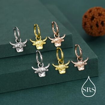 Sterling Silver Highland Cow Huggie Hoops With Detachable Charms, 6 of 11