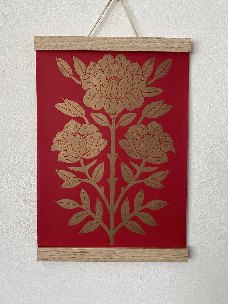 Flower Duet Lino Print Gold On Red Maya Paper