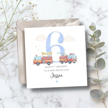 Fire Engine 3rd Birthday Card, 1st 2nd Birthday Card For Son, Nephew, Any Relationship, 3 of 8