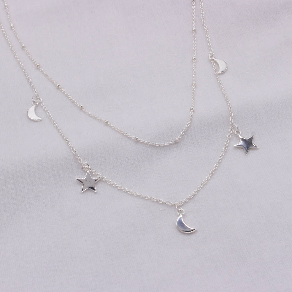 925 Sterling Silver Moon And Star Layered Necklace By Lily Designs London