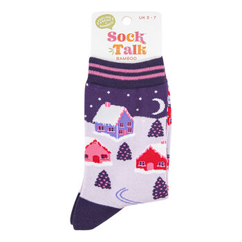 Winter Ski Village Christmas Bamboo Socks Women's Lilac, 3 of 4