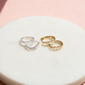 Sterling Silver Baguette Diamante Hoop Earrings, 6 of 11