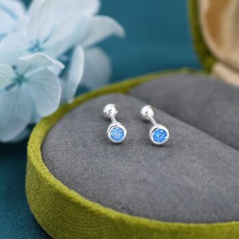 Tiny Aquamarine Blue Cz Barbell Earrings, 5 of 9
