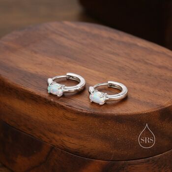 Sterling Silver Oval White Opal Huggie Hoop Earrings, 2 of 10